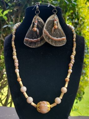 Handcrafted Brown & Gold Stone Necklace with Matching Shell Earrings